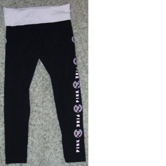 Womens Victorias Secret PINK Yoga Pants Medium Pink Black Foldover Waist Cropped - Picture 1 of 4